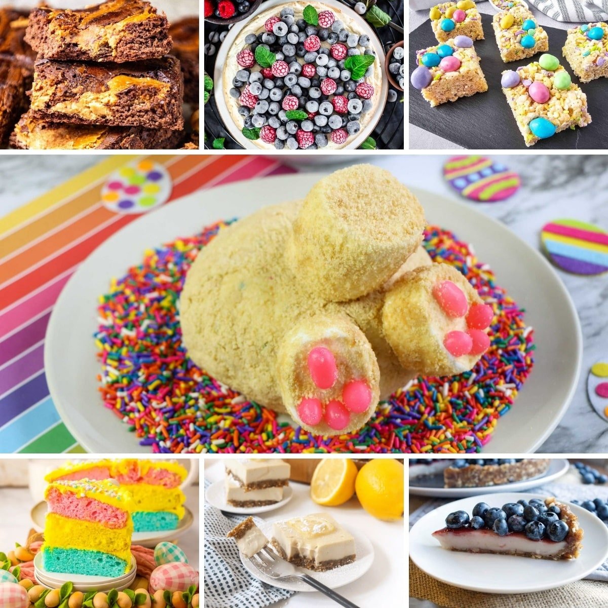 Collage of various desserts: brownies, berry salad, sprinkle-covered treat, colorful bars, rainbow cake, lemon squares, and a blueberry-topped cheesecake slice.
