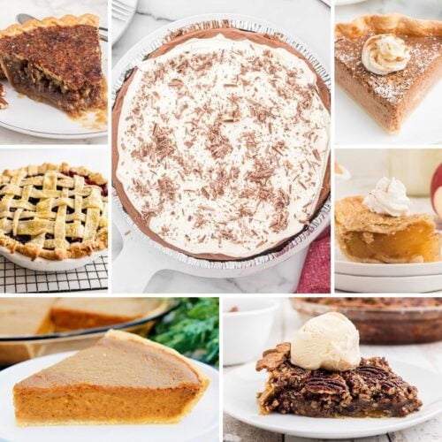 A collage of eight different pies, including pecan, chocolate cream, pumpkin, lattice-topped, apple, and more, shown in various servings with toppings like whipped cream and ice cream.