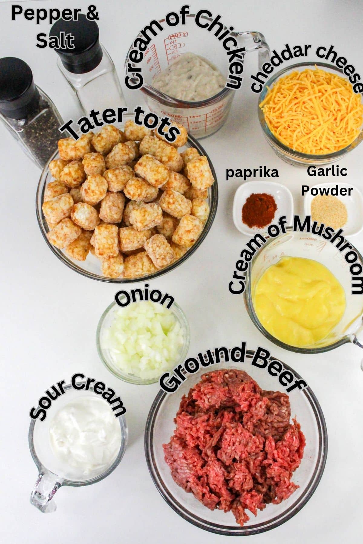 Ingredients for a tater tot casserole including tater tots, ground beef, cream of chicken, cream of mushroom, cheddar cheese, sour cream, onion, paprika, garlic powder, salt, and pepper.