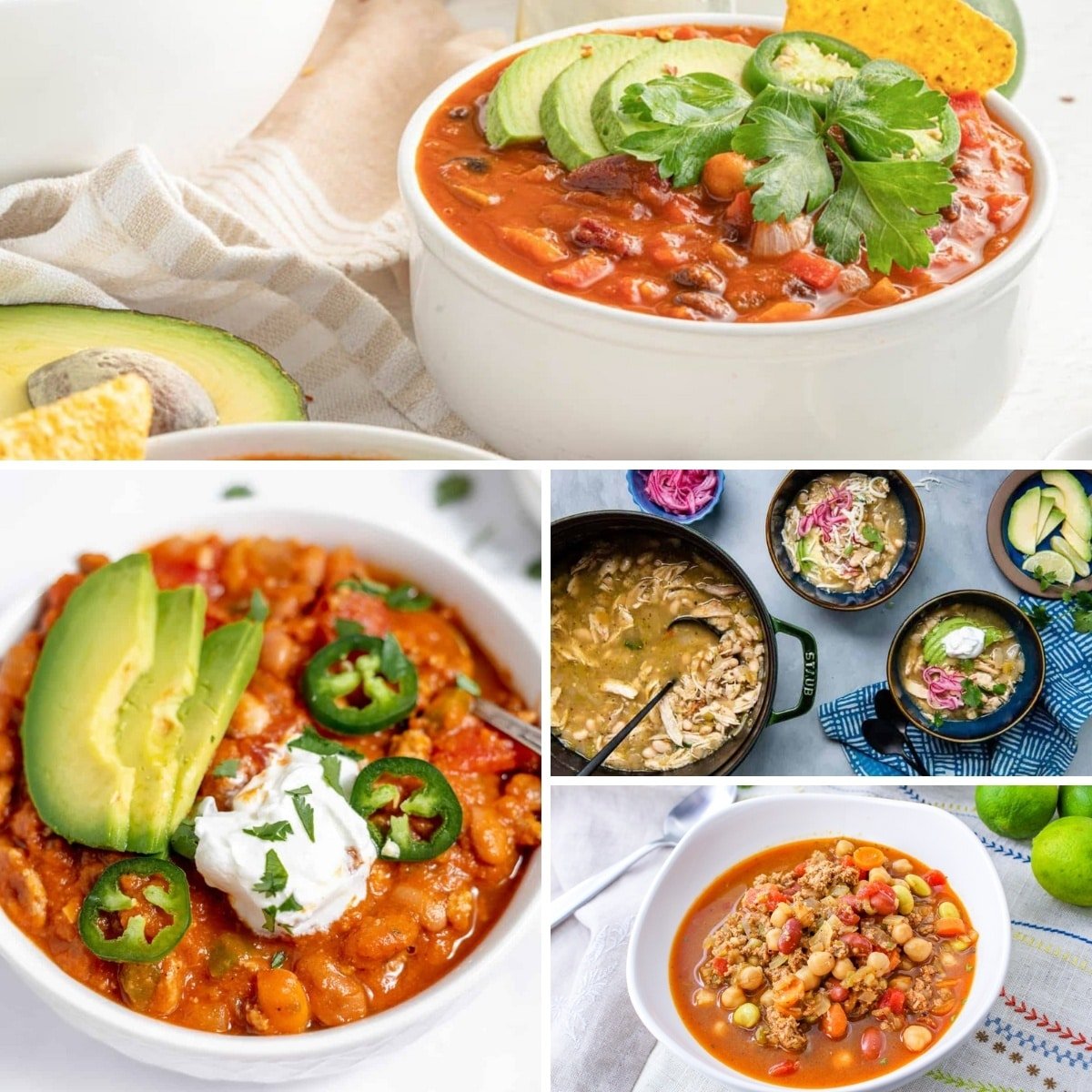 Collage of different chili dishes in bowls, featuring toppings like avocado slices, jalapeño, sour cream, and cilantro. Bowls vary in style and ingredients.