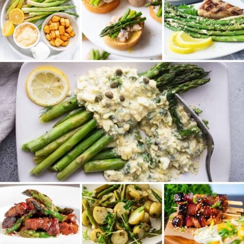 Collage of asparagus dishes, including roasted, grilled, with lemon, with capers and hard-boiled eggs, with potatoes and greens, and wrapped with bacon.