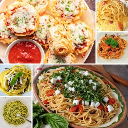 A collage of various pasta dishes, including rolls, spaghetti with shrimp, spaghetti with herbs, pesto pasta, pasta with eggplant and basil, and spaghetti topped with feta and herbs.