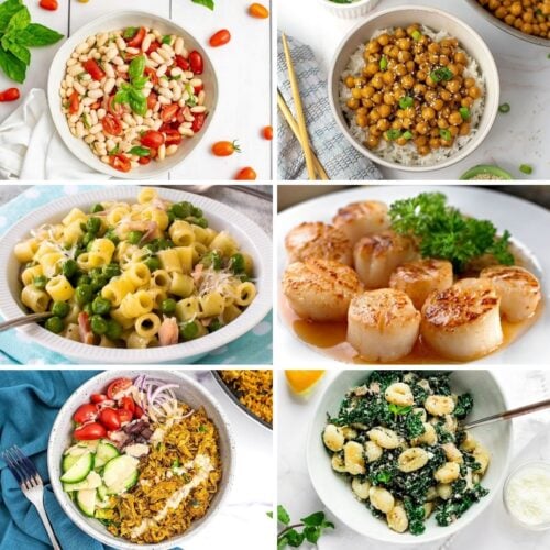 Collage of six dishes: bean salad, chickpeas with rice, pasta with peas, seared scallops, rice with veggies, and gnocchi with greens.