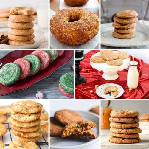 A collage of various cookies, including round sugar-coated, green and red holiday-themed, and cinnamon-dusted cookies on plates and tables. A bottle of milk is also visible.