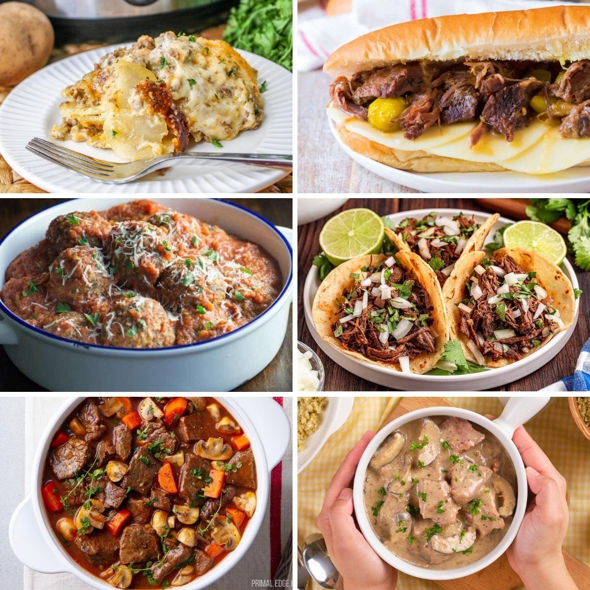 A collage of six dishes: lasagna, a loaded sandwich, meatballs in sauce, tacos with lime, beef stew with vegetables, and a soup with meat and herbs.