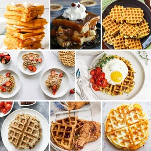 A collage of various waffle dishes, including waffles with syrup, fruit, fried chicken, and a sunny-side-up egg.