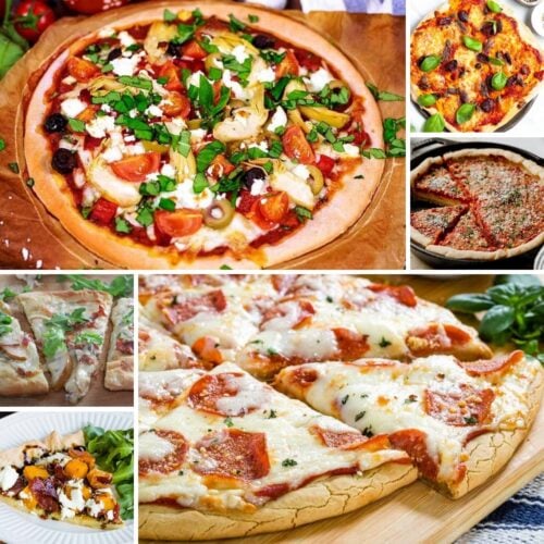 A collage of various pizzas, including vegetable, pepperoni, and margherita, with toppings like cheese, tomatoes, and basil on different crusts.