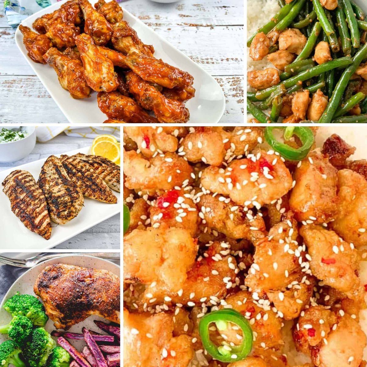 Assorted chicken dishes including grilled chicken, spicy wings, sesame chicken, a stir-fry with green beans, and roasted chicken with broccoli and beets.