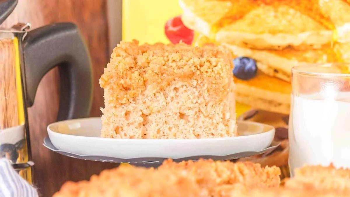 A slice of coffee cake on a plate.