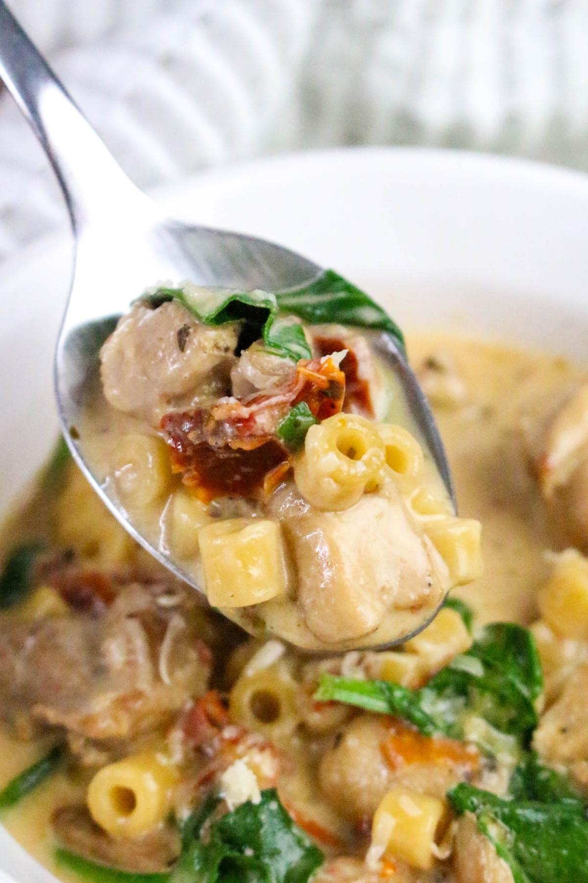 A close-up of a spoonful of creamy pasta with chicken, spinach, sun-dried tomatoes, and small pasta tubes above a bowl of the same dish.