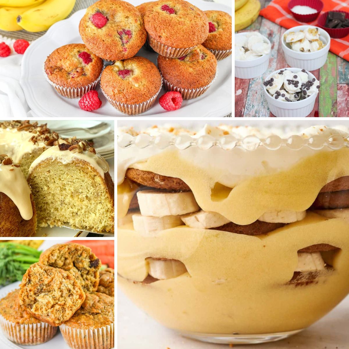 Collage of various banana desserts, including muffins with raspberries, chocolate chip ramekins, iced banana bread, green veggie muffins, and a layered banana trifle.