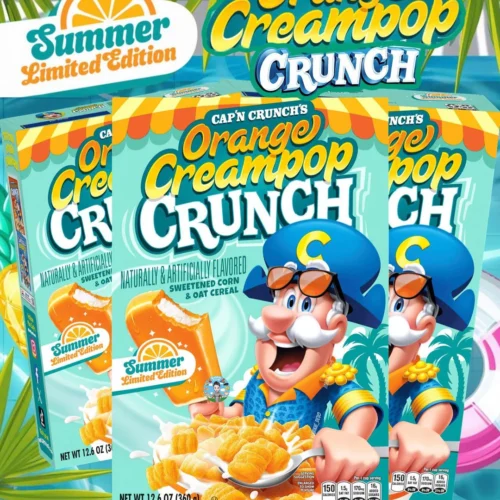 Three boxes of Capn Crunchs Orange Creampop Crunch Summer Limited Edition cereal, featuring the Capn with a bowl of cereal and an orange creampop, against a bright summer-themed background.
