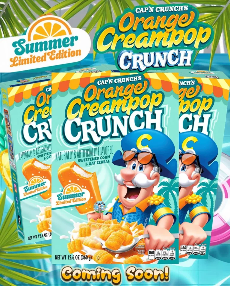 Three boxes of Capn Crunchs Orange Creampop Crunch Summer Limited Edition cereal, featuring the Capn with a bowl of cereal and an orange creampop, against a bright summer-themed background.