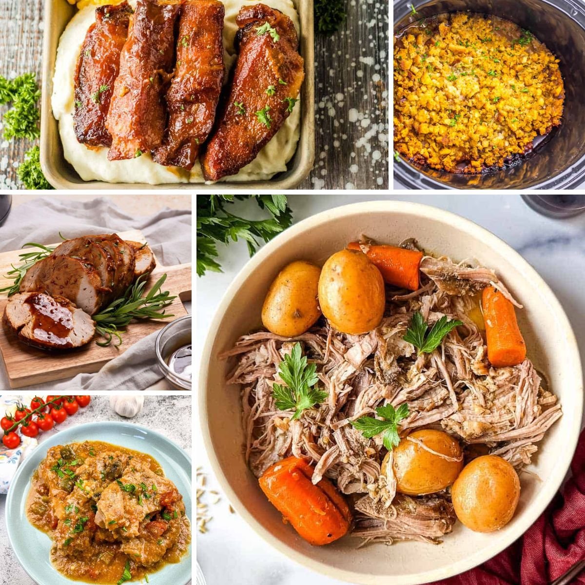 Collage of various dishes: ribs with mashed potatoes, stuffing, roasted chicken, pot roast with carrots and potatoes, and another dish with a savory sauce.