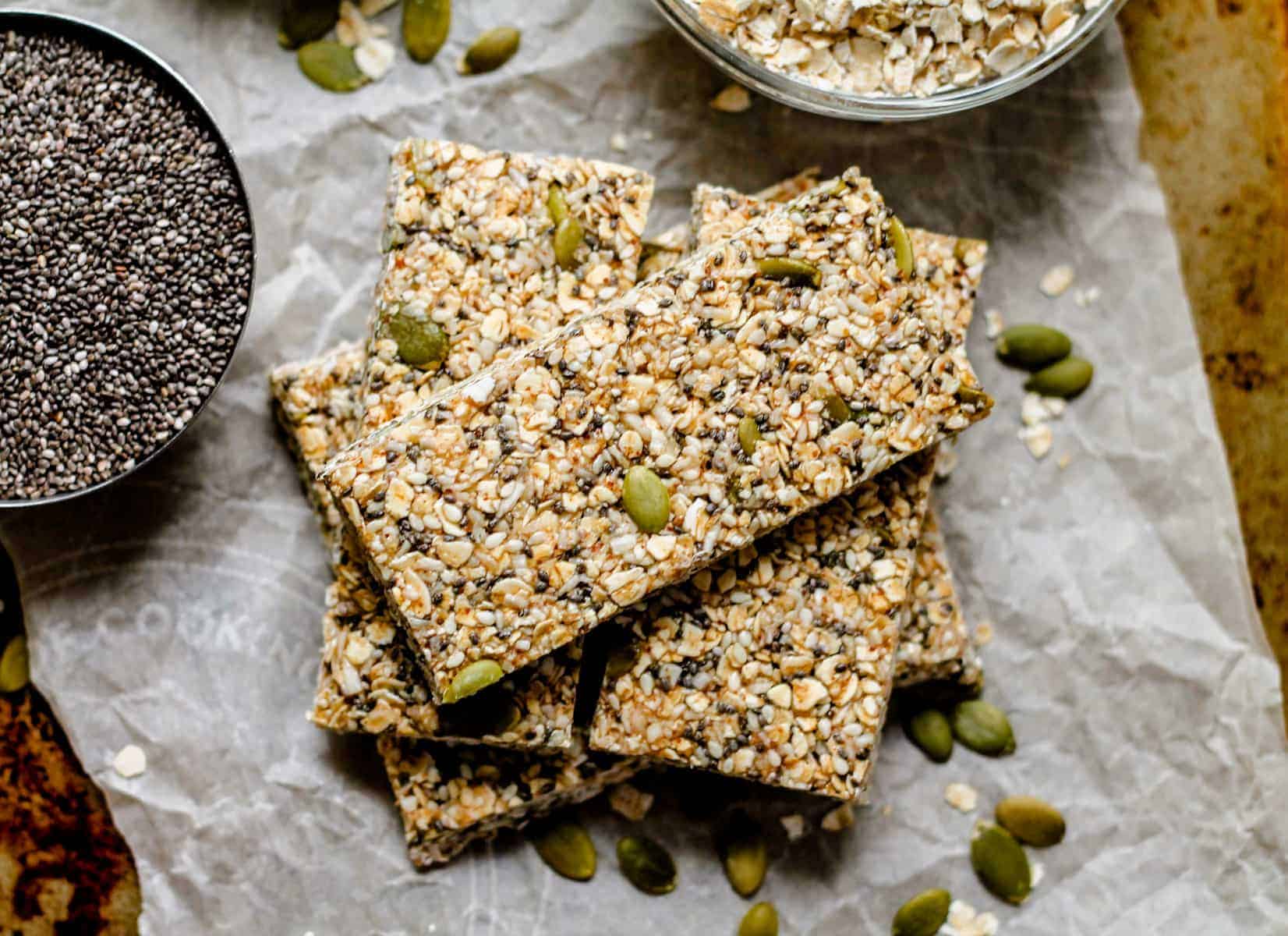 An overhead image of a stack of vegan granola bars.