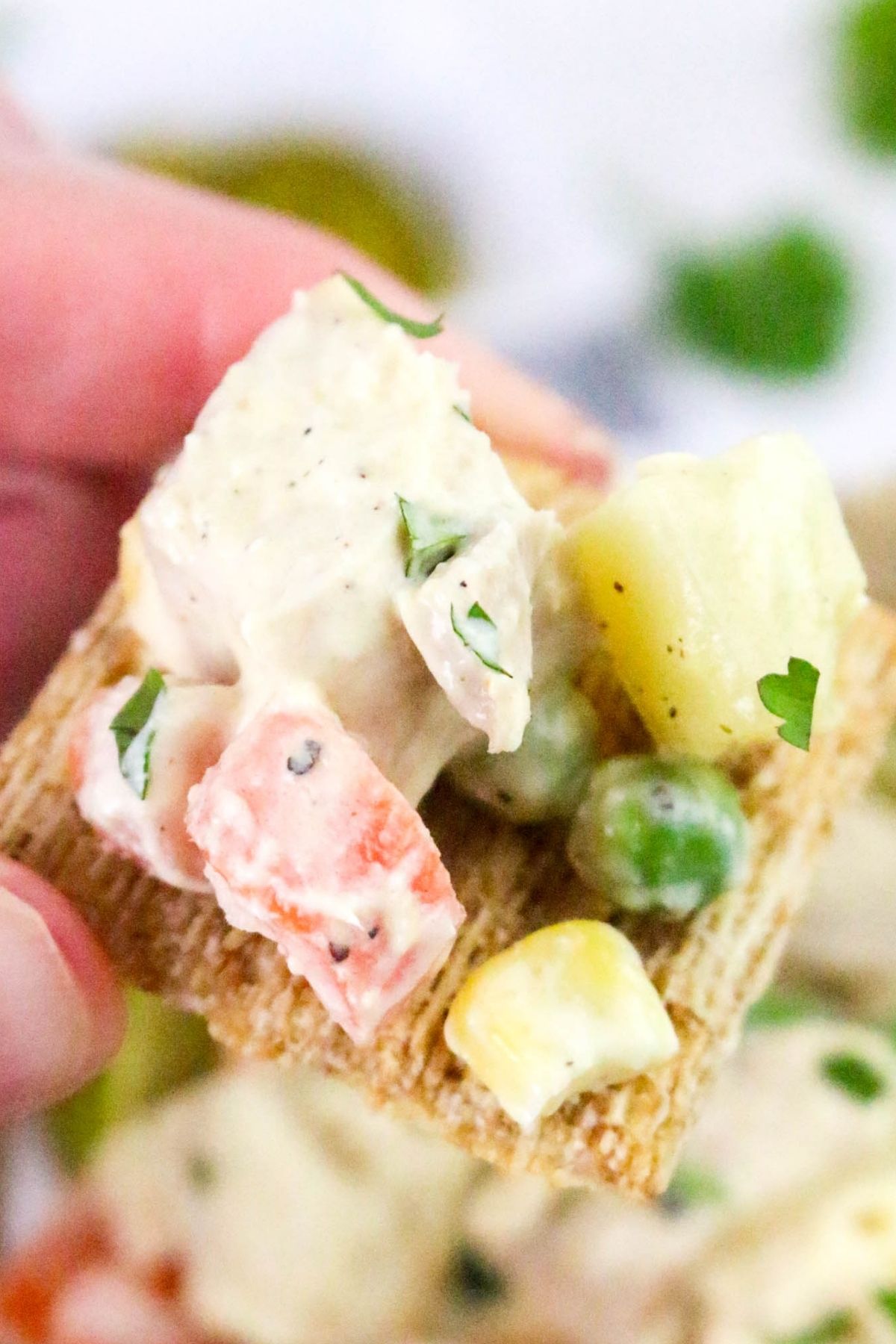 A close-up of a hand holding a cracker topped with a creamy salad containing diced chicken, carrots, peas, corn, and potatoes, garnished with chopped herbs.