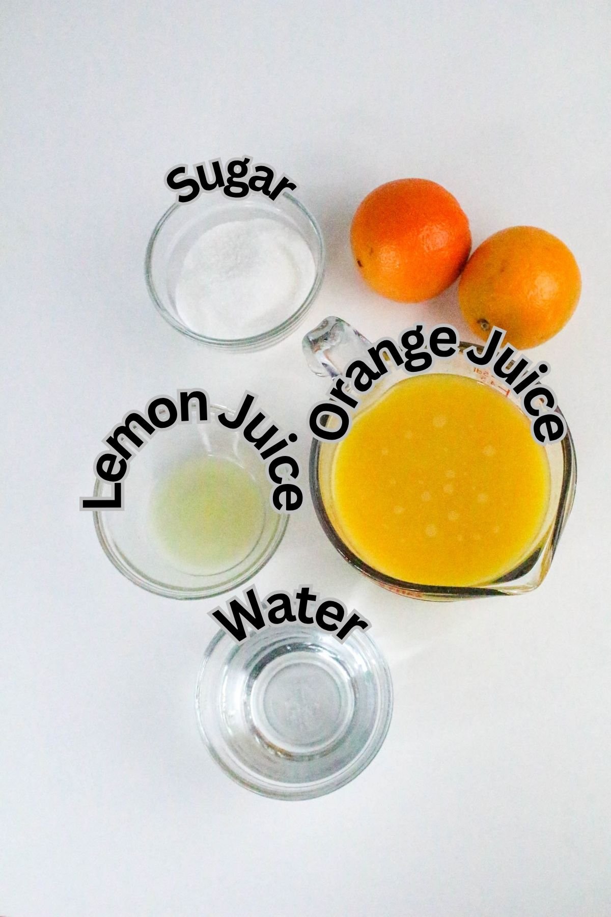 Four ingredients on a white surface: a bowl of sugar, two whole oranges, a measuring cup of orange juice, a cup of lemon juice, and a cup of water. Labels identify each ingredient.
