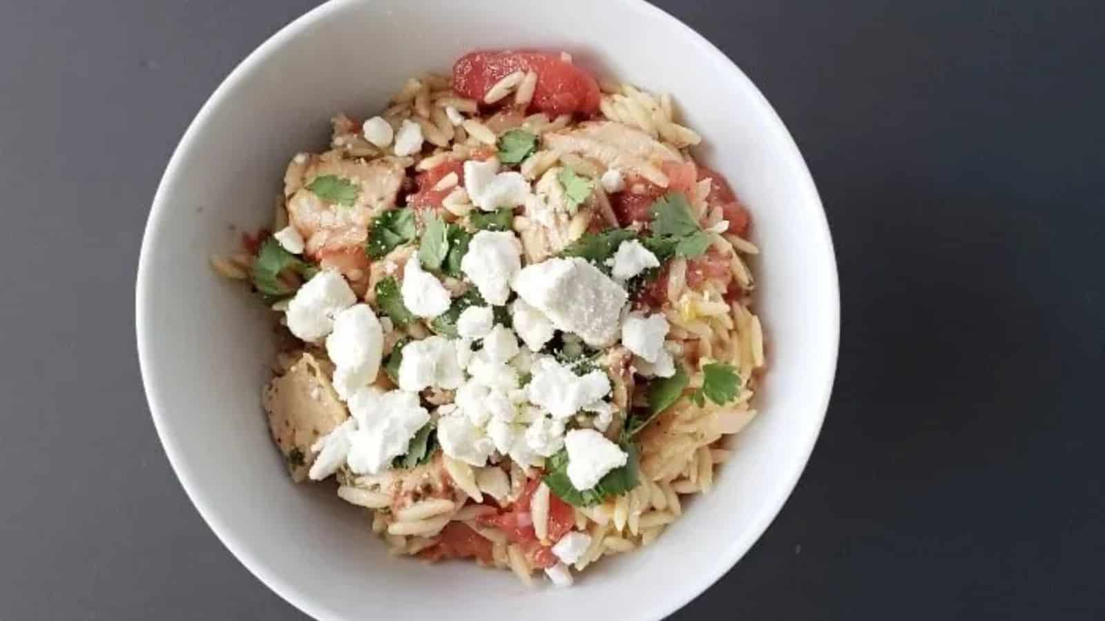 Image shows an overhead shot of Image shows in a white bowl and a black background.