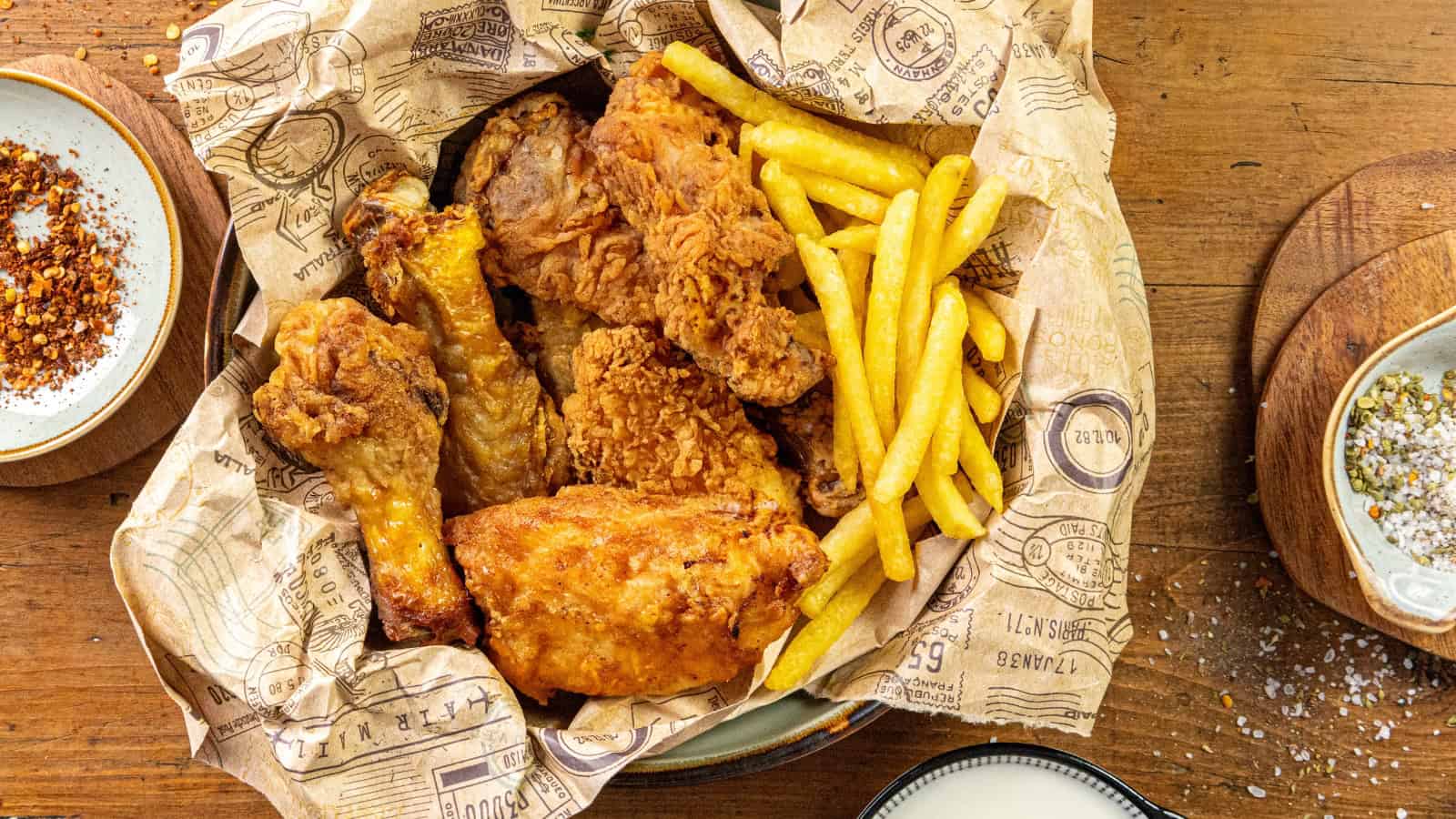 A basket of fried chicken pieces and fries on newspaper-themed paper, placed on a wooden table with a side of seasonings.