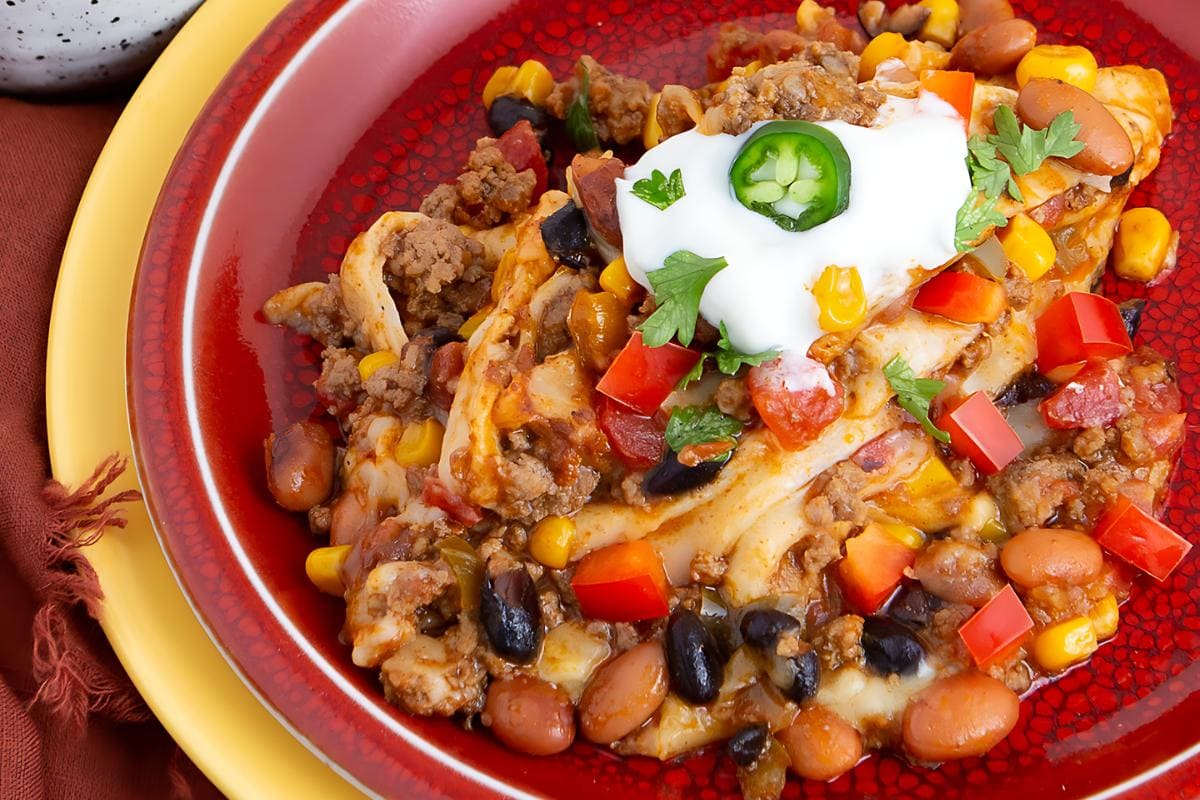 Mexican casserole with ground beef and cheese.