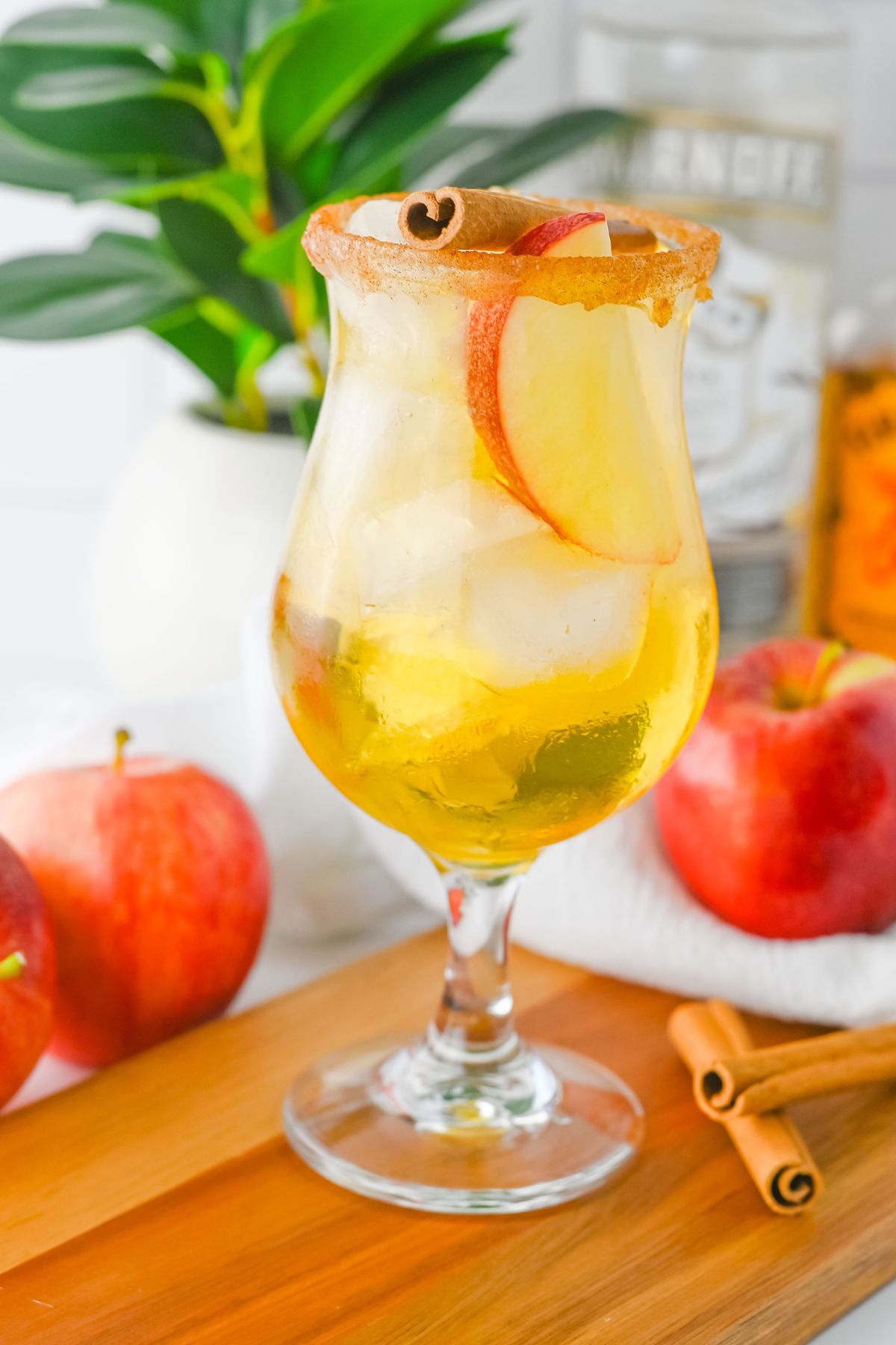 A glass of iced apple cocktail with apple slices and a cinnamon stick, set on a wooden surface with apples, cinnamon sticks, and a plant in the background.