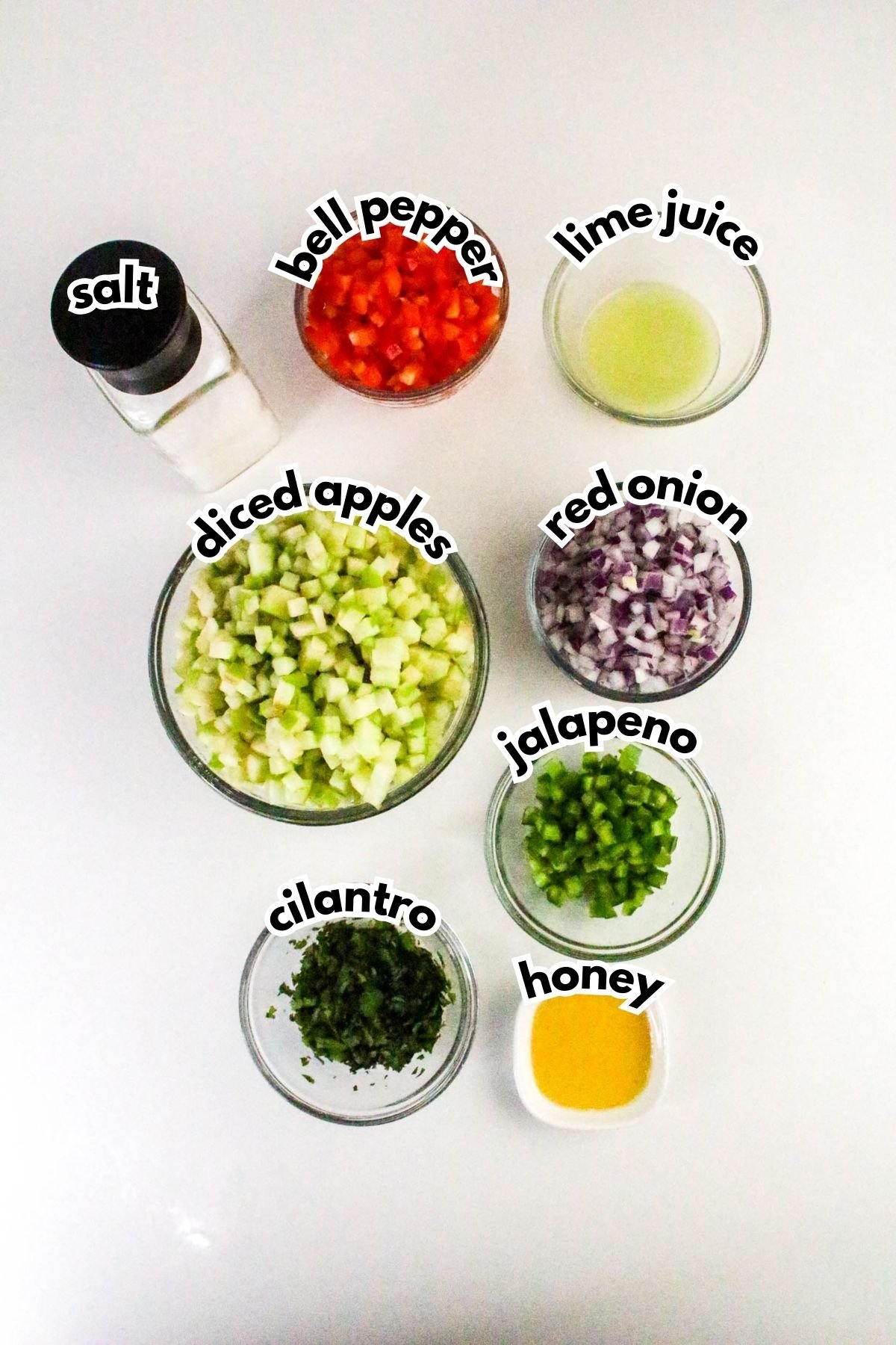 Various ingredients, including salt, diced bell pepper, lime juice, diced apples, chopped red onion, jalapeno, cilantro, and honey, arranged in small bowls on a white surface.