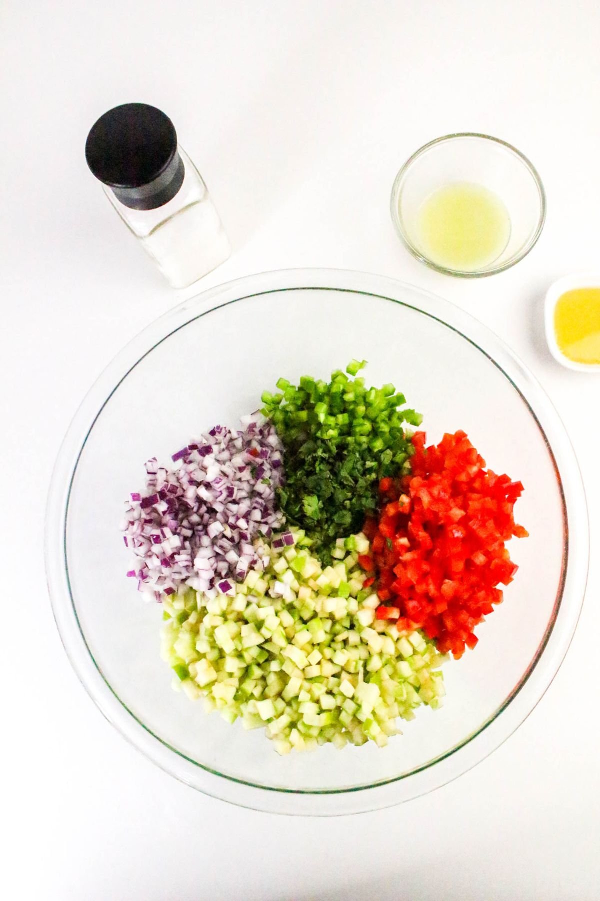 A glass bowl contains chopped red onion, green bell pepper, red bell pepper, and cucumber. Nearby are a salt shaker, a small bowl of lemon juice, and another small bowl with dressing.