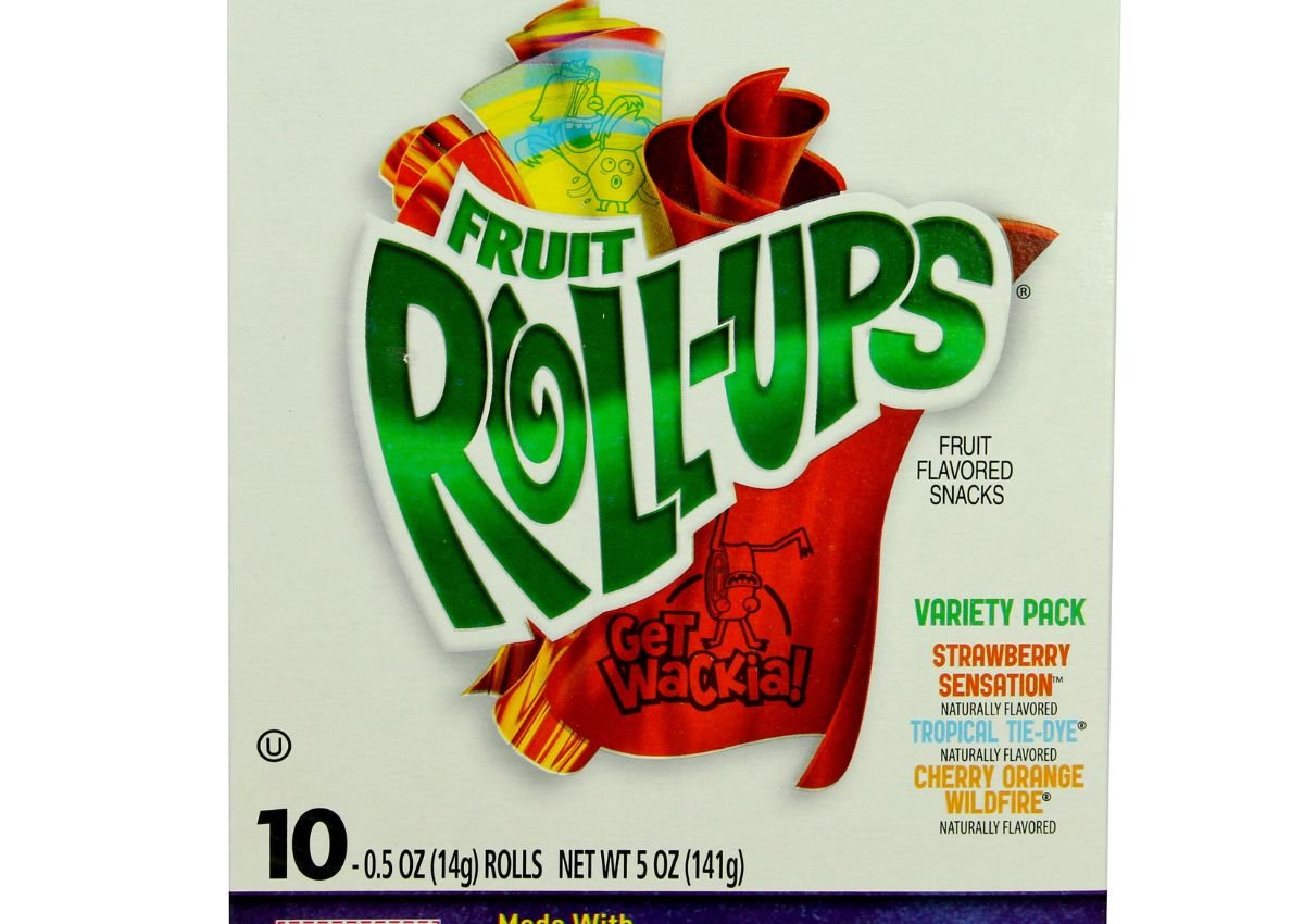 Box of Fruit Roll-Ups fruit flavored snacks, variety pack with 10 rolls, showing strawberry, tropical, and cherry orange flavors on the front.