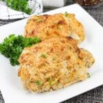 Two cooked, seasoned chicken breasts served on a white plate with a garnish of fresh parsley.