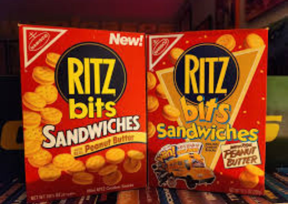 Two boxes of RITZ Bits Sandwiches with peanut butter flavor are displayed side by side against a dark background.