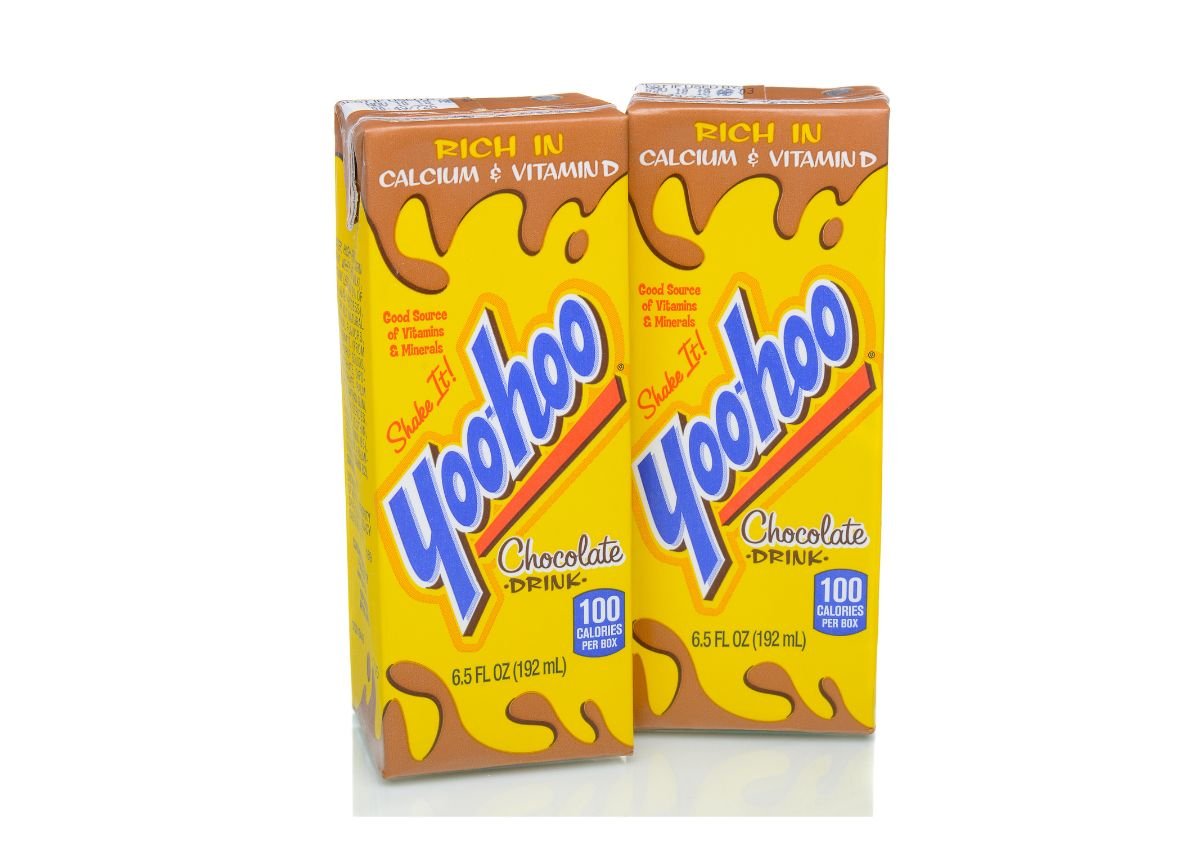 Two 6.5 fl oz cartons of Yoo-hoo chocolate drink, featuring yellow packaging with brown accents and labeled as rich in calcium and vitamin D.