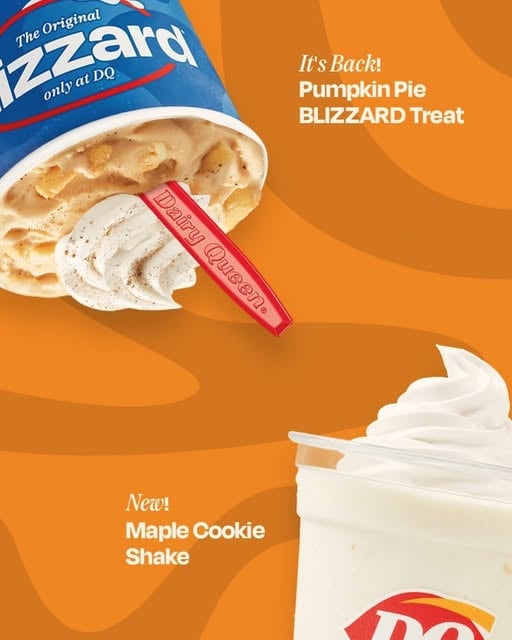 A Dairy Queen Pumpkin Pie Blizzard topped with whipped cream and a red spoon, and a Maple Cookie Shake, both on an orange background with text highlighting the new treats.