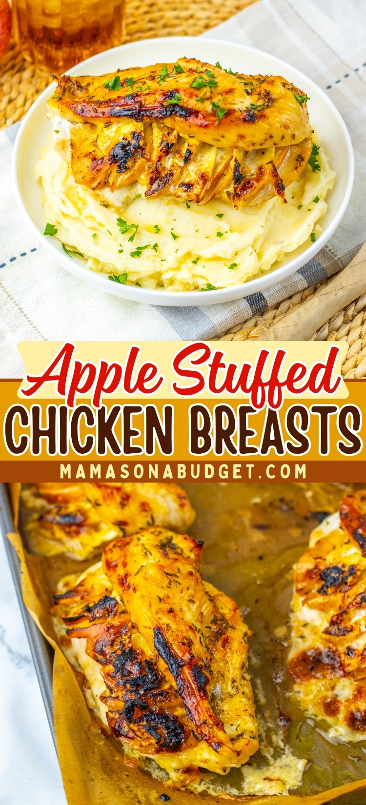 Baked chicken breasts stuffed with sliced apples and herbs, served on mashed potatoes in a white bowl, with additional chicken on a baking tray.