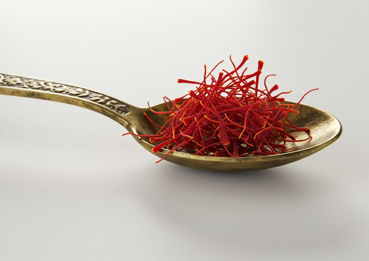 A brass spoon holds a small pile of red saffron threads against a plain, light background.