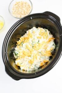 A slow cooker filled with a creamy mixture, topped with shredded cheese; bowls with crushed crackers and melted butter are nearby.