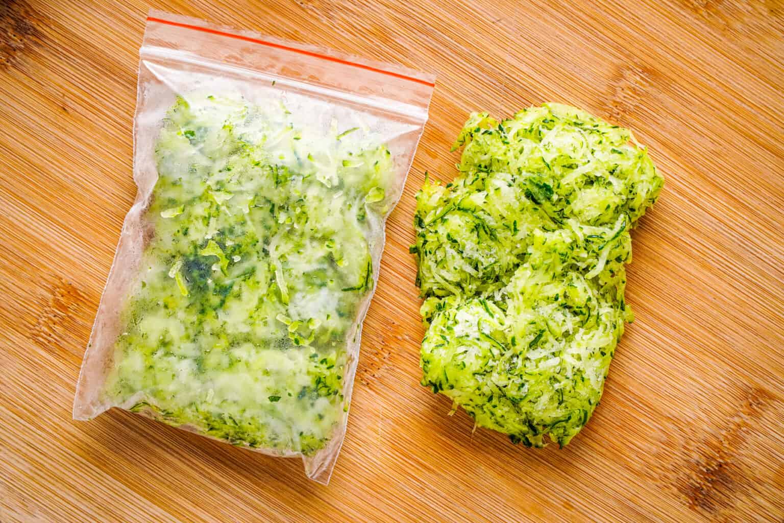 An image of two portions of shredded zucchini, one that is in a freezer bag and one that has been taken out of a freezer bag.