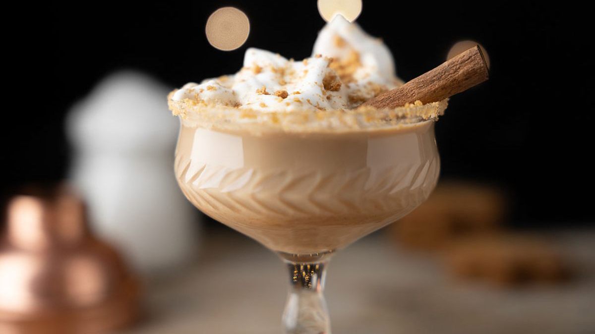 A creamy cocktail in a glass, topped with whipped cream, cookie crumbs, and a cinnamon stick, set against a blurred background.