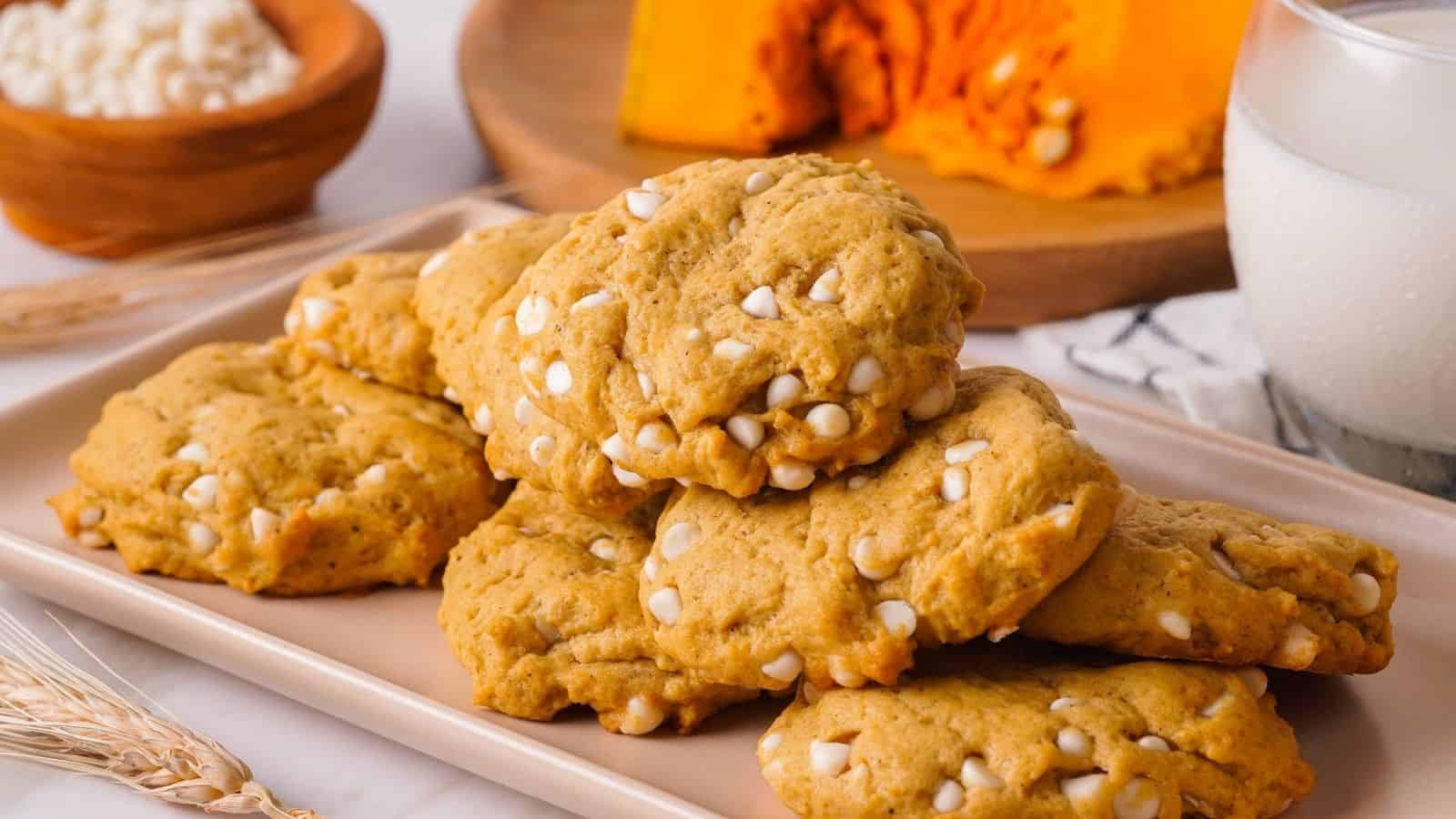 A plate of pumpkin cookies with white chocolate chips, next to a glass of milk and a bowl of cottage cheese, with pumpkin pieces in the background.
