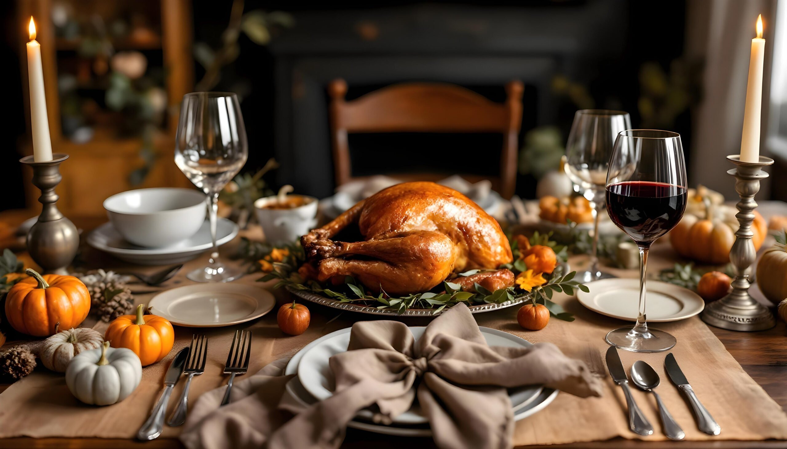 A roasted turkey on a decorated dining table set with plates, utensils, wine glasses, candles, and small pumpkins.