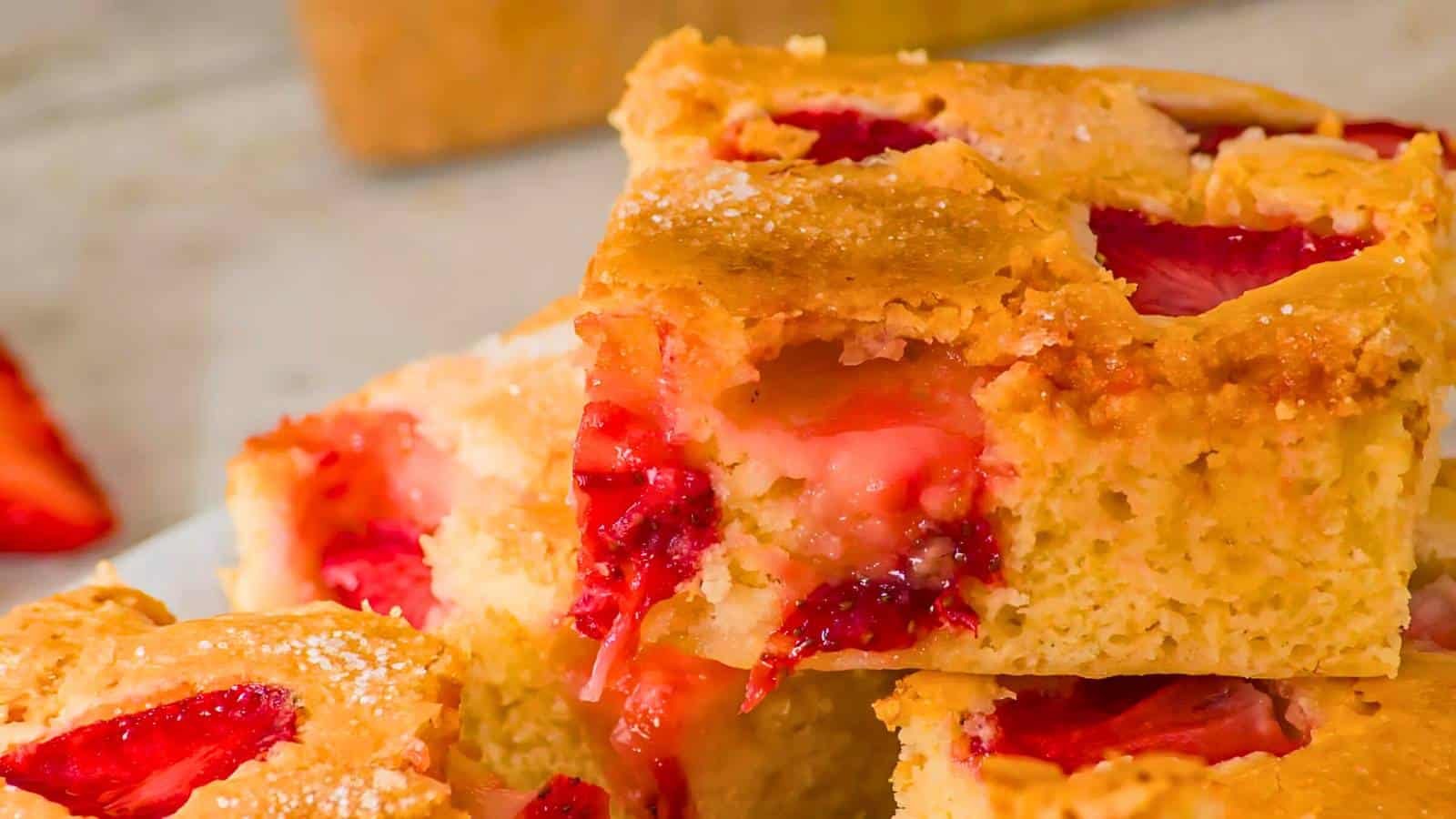 Close-up of strawberry-filled cake bars, with golden brown crust and visible strawberry pieces, stacked on a white surface.