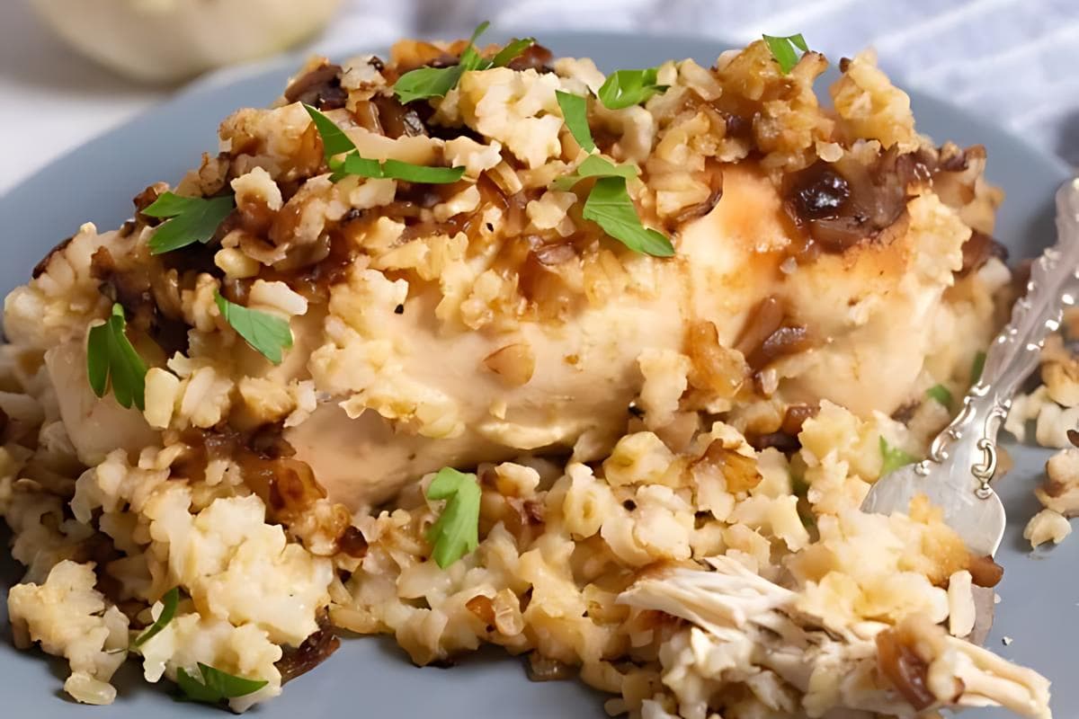 Chicken slow-cooked with French onion soup mix for rich flavor.