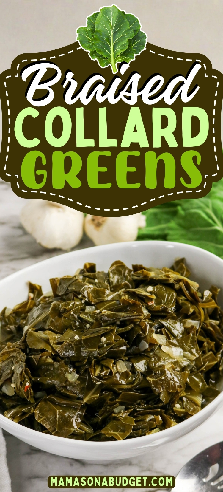 A bowl of braised collard greens sits on a marble surface with whole mushrooms and fresh greens in the background. Text above the bowl reads Braised Collard Greens.