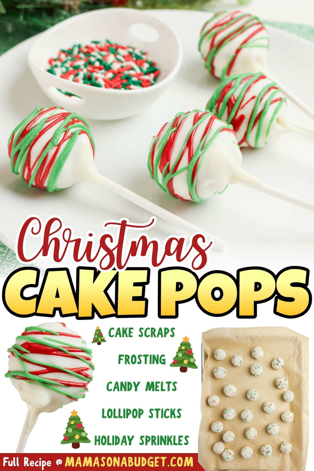 Four Christmas-themed cake pops with white coating and red and green drizzle on sticks, with sprinkles and ingredients shown, plus a tray of uncoated cake balls.