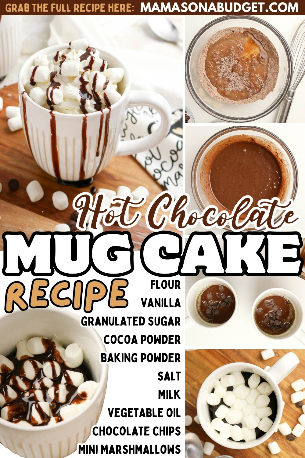 Collage showing steps and ingredients for a hot chocolate mug cake, including marshmallows, cocoa powder, chocolate chips, and text instructions for making the recipe.
