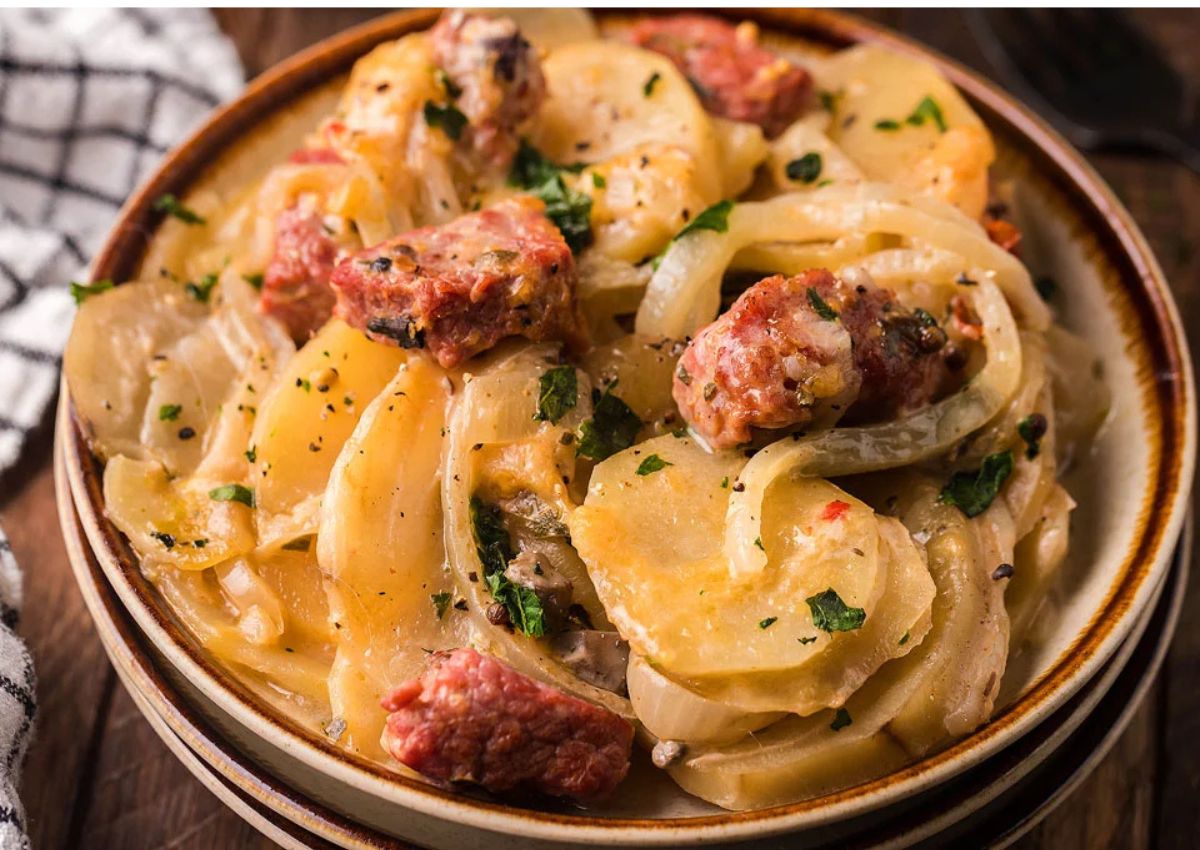 A bowl filled with sliced potatoes, onions, and chunks of sausage in a creamy sauce, garnished with chopped herbs.