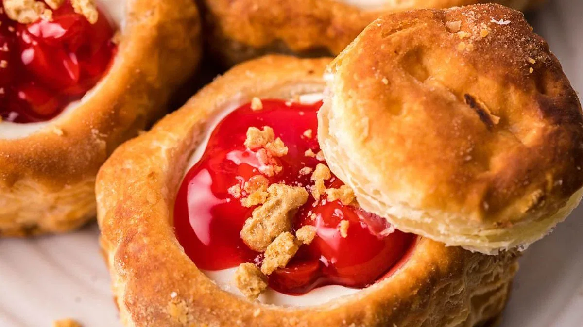 Close-up of a golden-brown pastry filled with creamy filling and cherry topping, garnished with crumbs, with the top partially removed to show the inside.