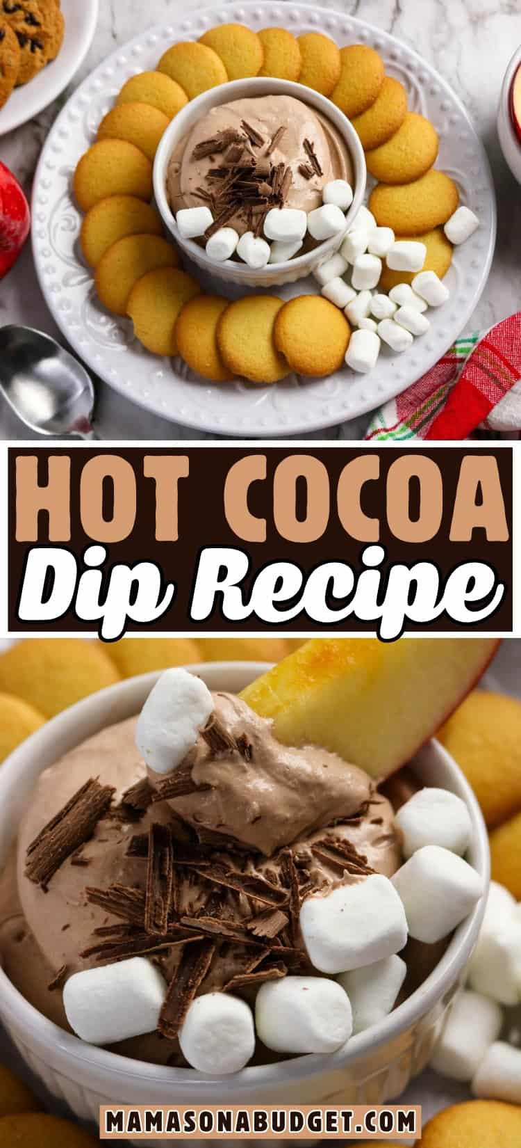 A bowl of hot cocoa dip topped with marshmallows and chocolate shavings, surrounded by vanilla wafers and apple slices on a plate.