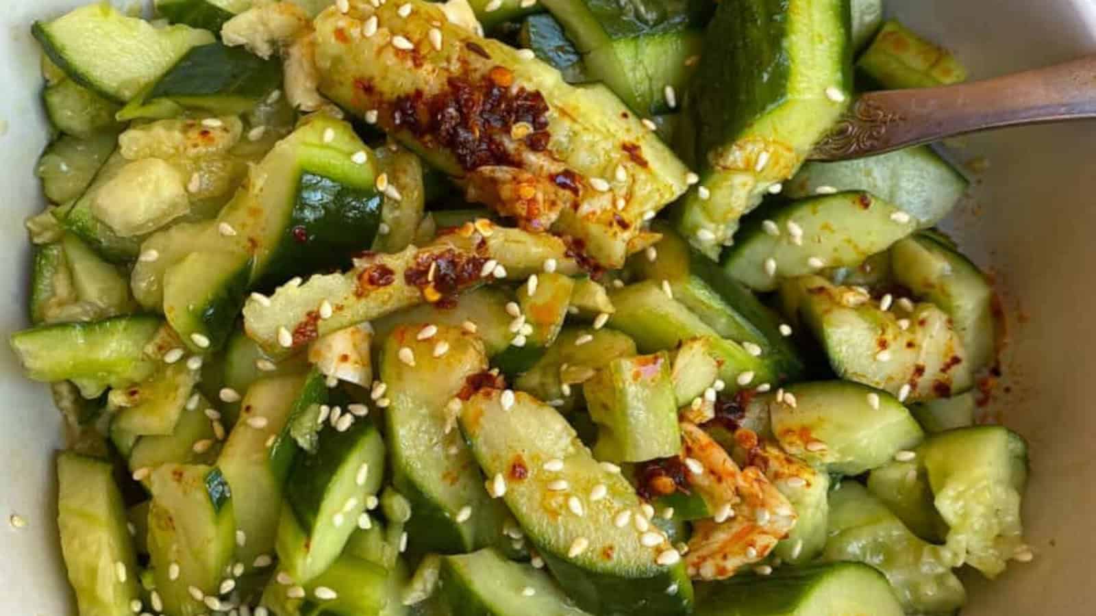 Refreshing cucumber salad tossed with a light and tangy dressing.