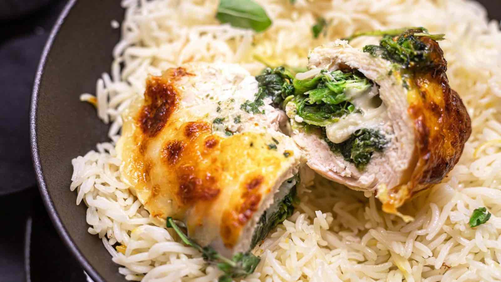 Baked stuffed chicken breast with melted cheese and spinach, served on a bed of white rice on a black plate.