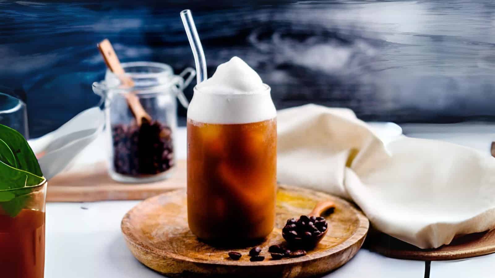 A glass of iced coffee with foam on top sits on a wooden tray, accompanied by a small spoon with coffee beans and a jar of coffee beans in the background.